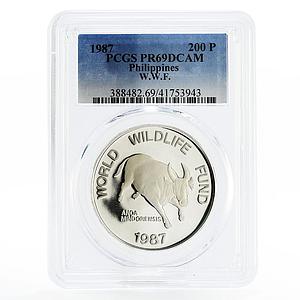 Philippines 200 piso WWF series Mindoro Buffalo Bull PR69 PCGS silver coin 1987