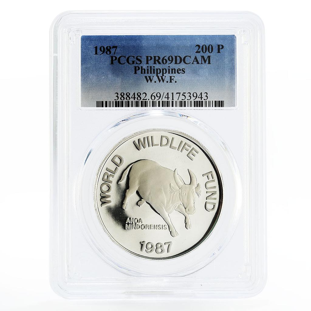 Philippines 200 piso WWF series Mindoro Buffalo Bull PR69 PCGS silver coin 1987