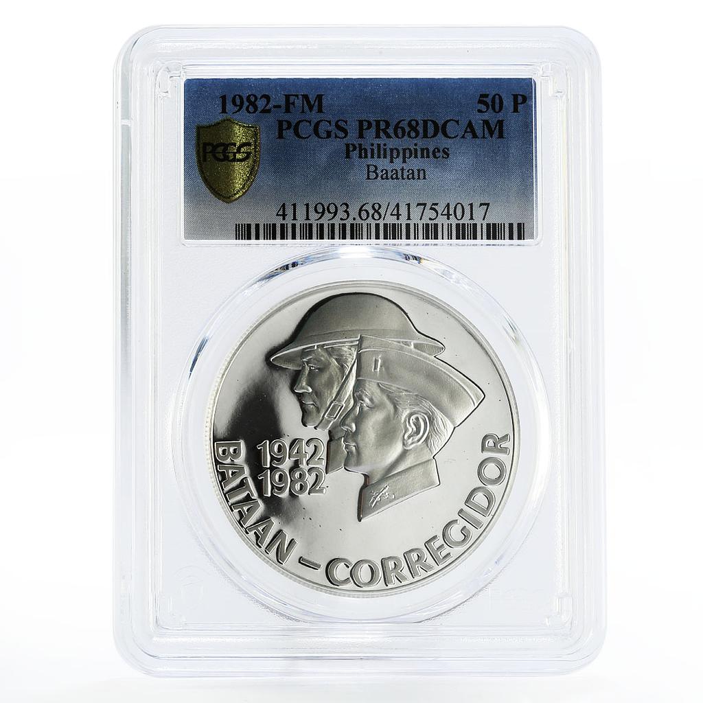 Philippines 50 piso 40th Anniversary of Bataan PR68 PCGS silver coin 1982