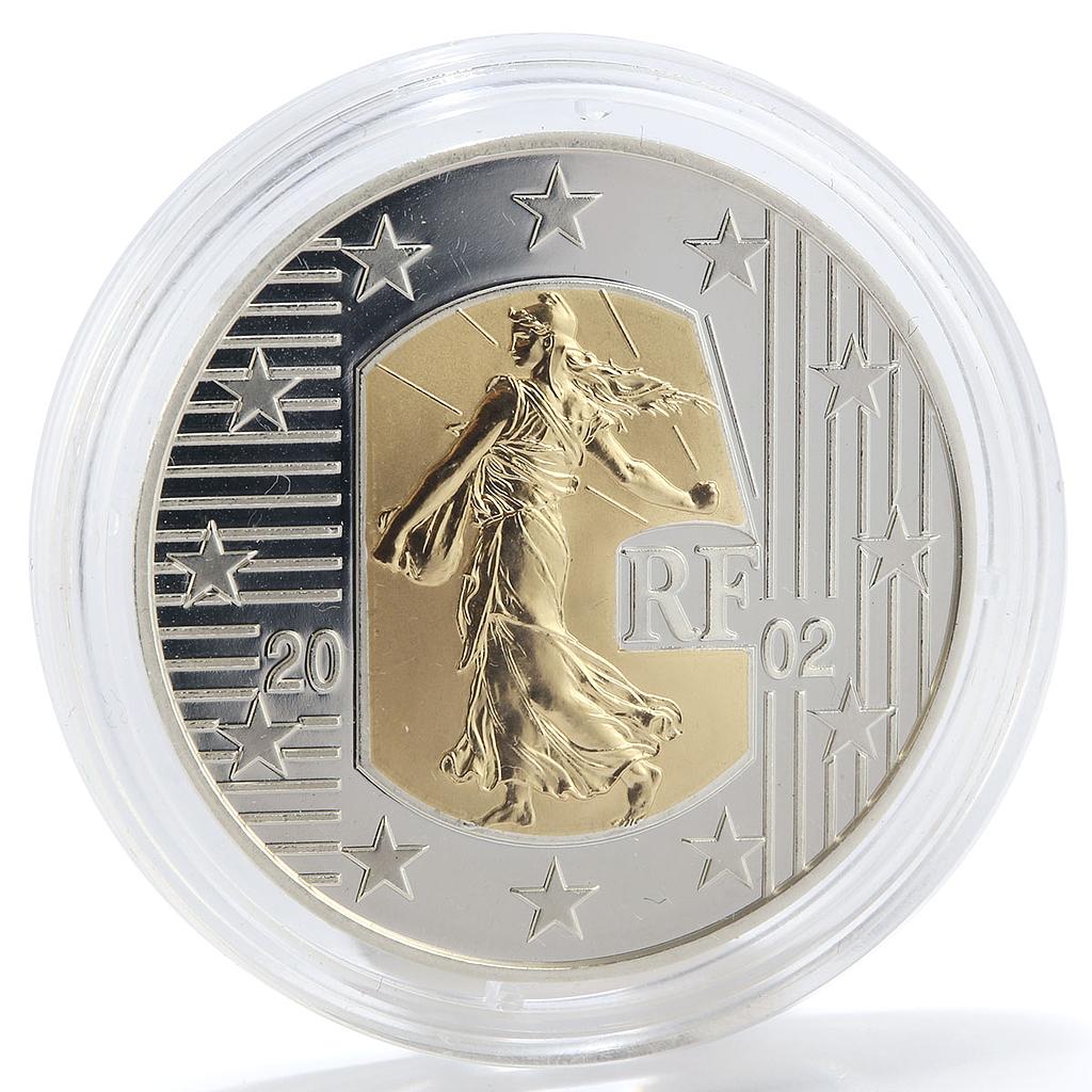 France 5 € Seed Sower Freedom Equality Fraternity silver with gold insert 2002