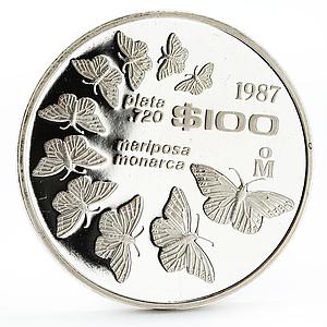 Mexico 100 pesos Monarch Butterflies Fauna proof silver coin 1987