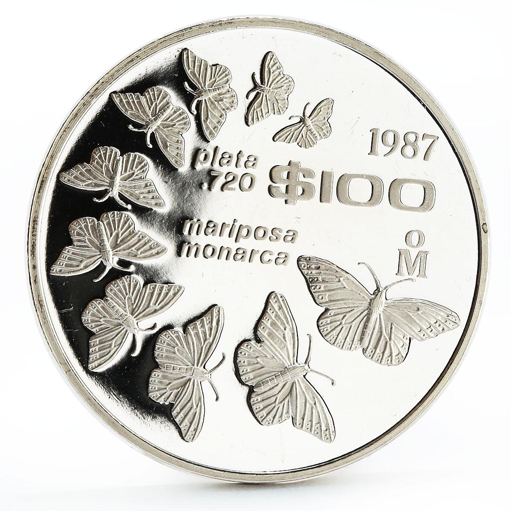 Mexico 100 pesos Monarch Butterflies Fauna proof silver coin 1987