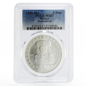 Mexico 5 pesos Precolombina Sculpture Huehueteotl MS67 PCGS silver coin 1993