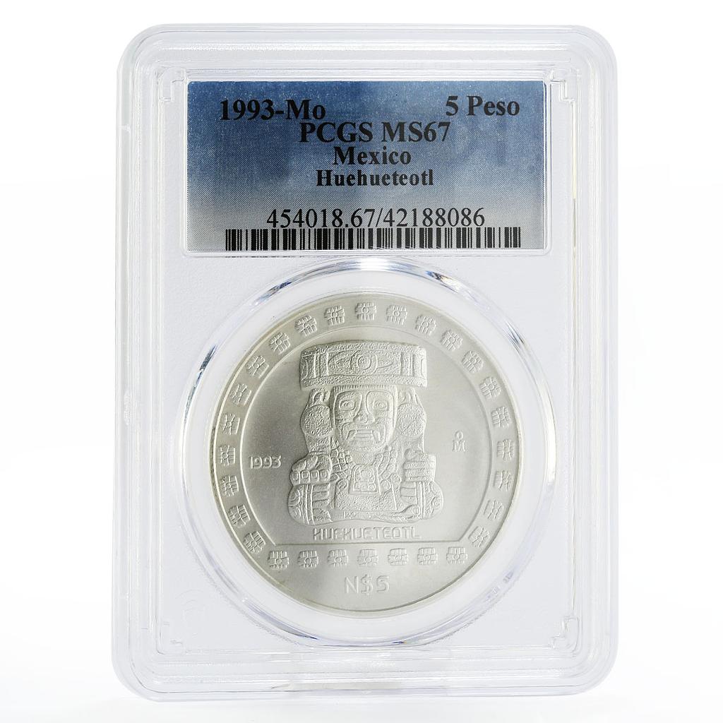 Mexico 5 pesos Precolombina Sculpture Huehueteotl MS67 PCGS silver coin 1993