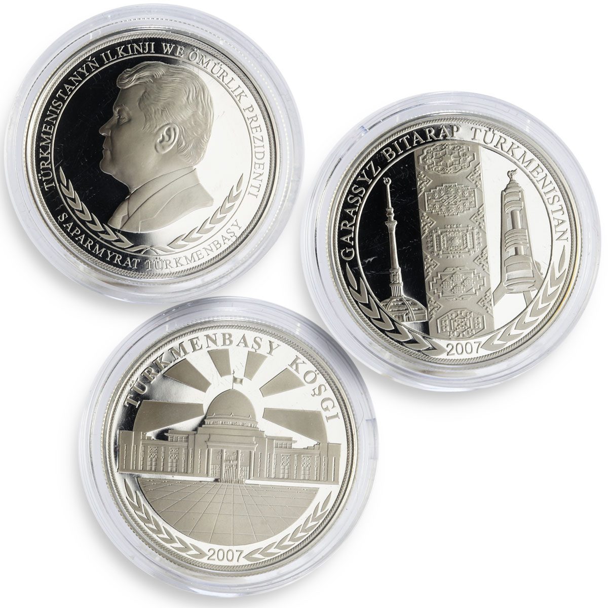 Turkmenistan set of 3 coins 15th Anniversary of the State Flag silver coins 2007