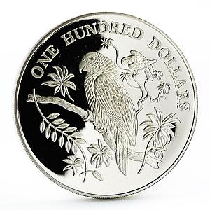 Dominica 100 dollars Local Fauna series Parrots proof silver coin 1988