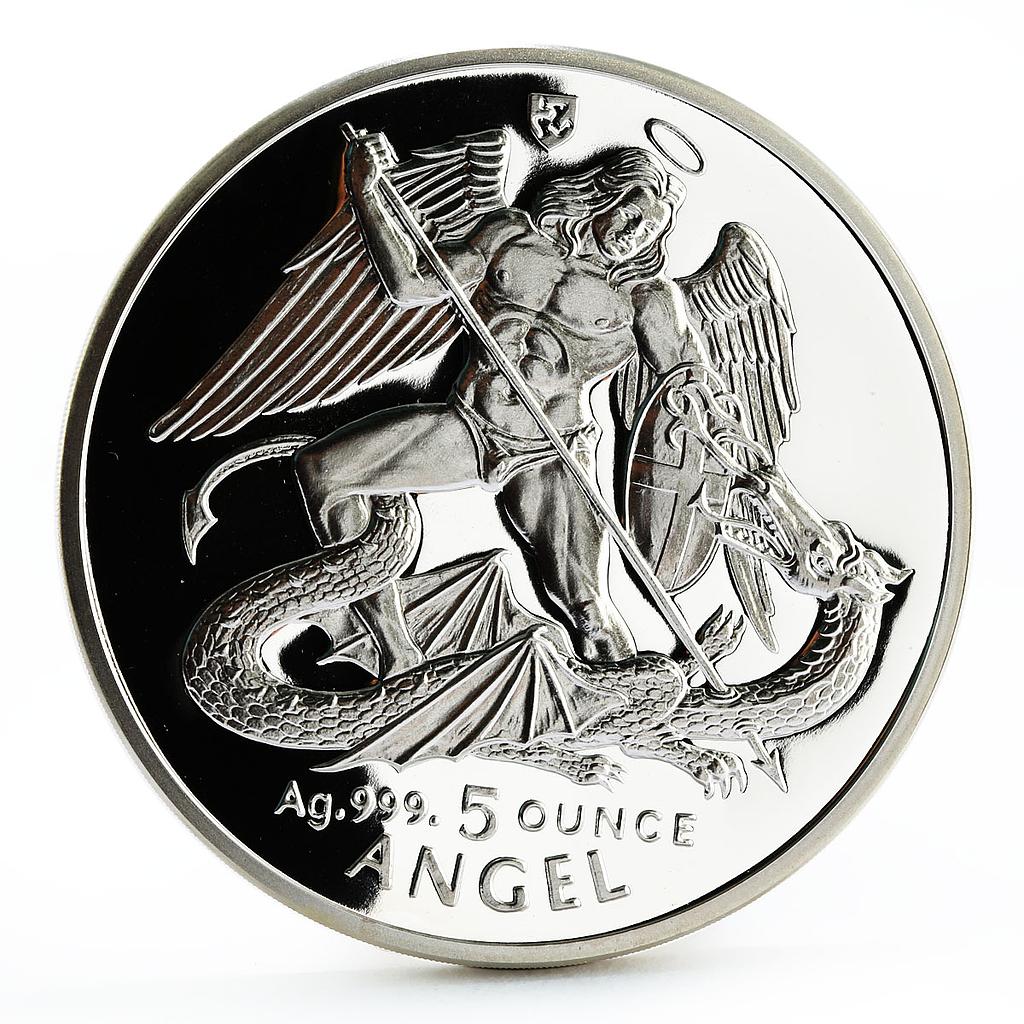 Isle of Man 5 angel Archangel Michael Slaying the Dragon silver coin 1995