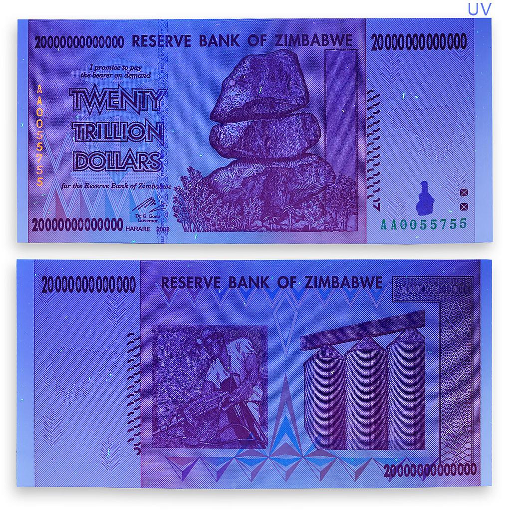 ZIMBABWE 20 TRILLION DOLLARS AA Series BANKNOTE CURRENCY UNCIRCULATED 2008