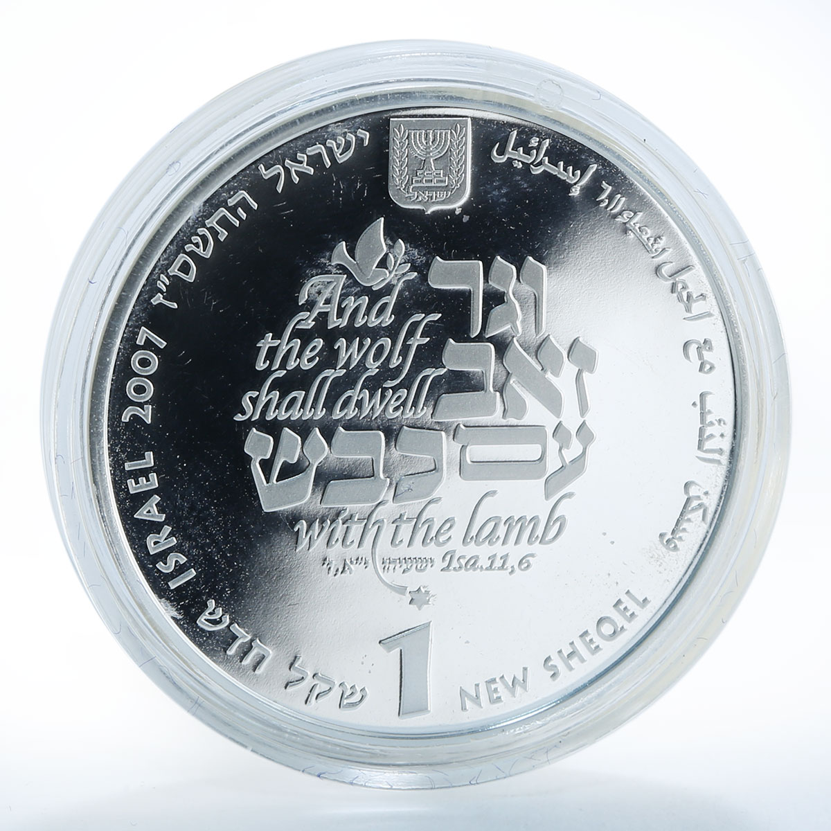 Israel 1 shekel wolf lamb tree animals Biblical art silver coin 2007