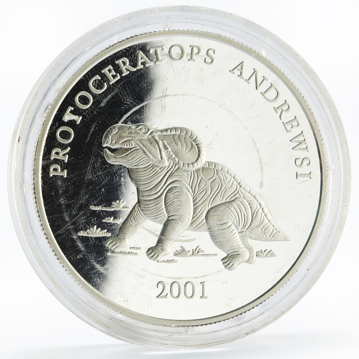 Mongolia 500 togrog Dinosaurs series Protoceratops Andrewsi silver coin 2001