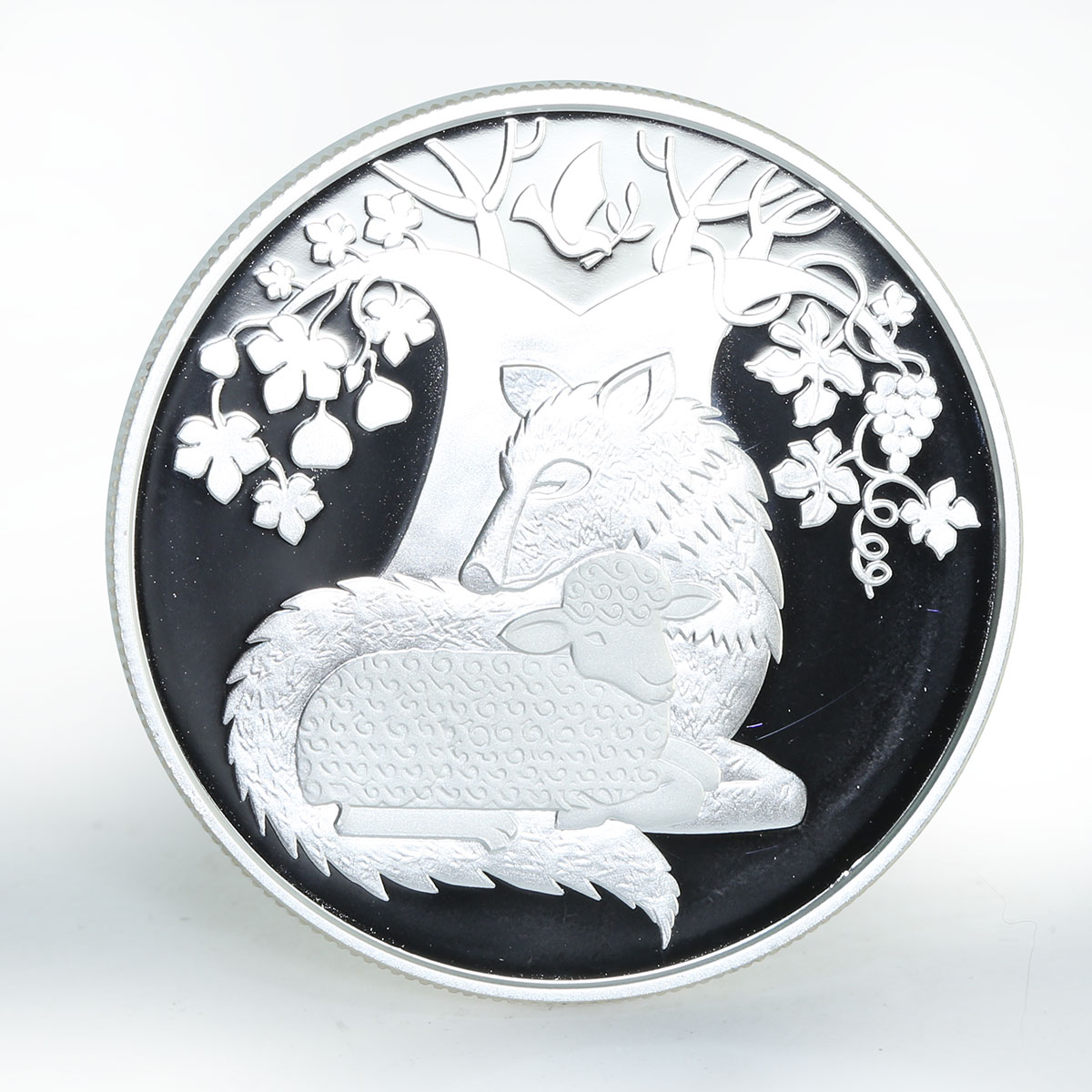 Israel 2 shekels wolf lamb tree animals Biblical art silver coin 2007