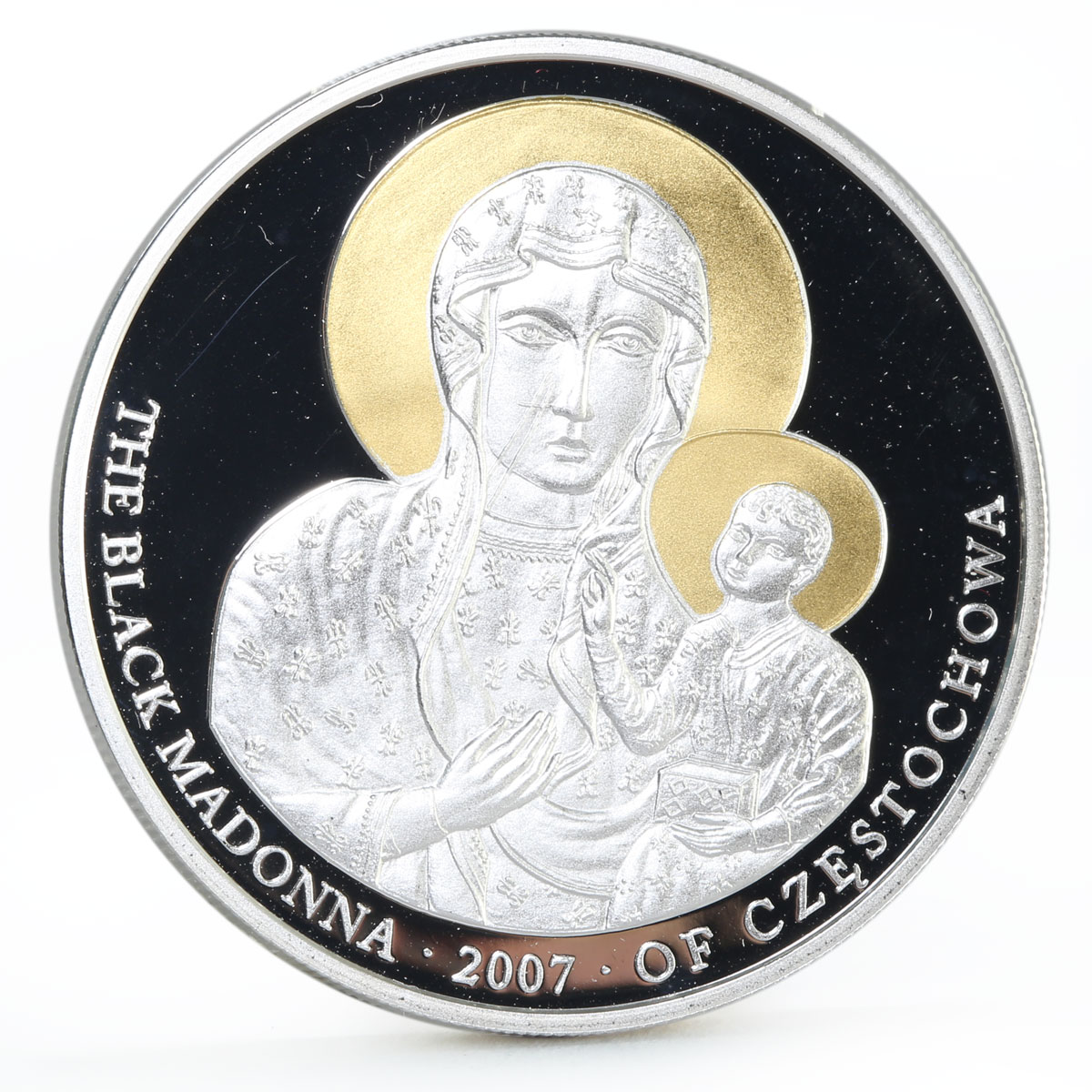 Liberia 10 dollars The Black Madonna Czestochowa gilded proof silver coin 2007