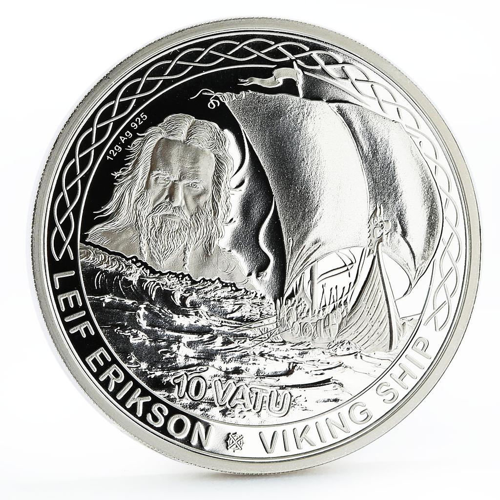 Vanuatu 10 vatu Leaf Erikson and His Viking Ship proof silver coin 2017