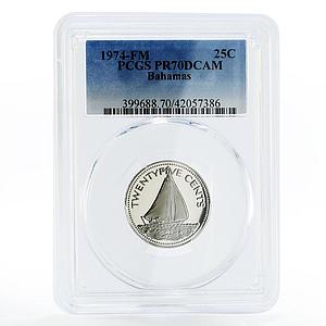 Bahamas 25 cents The Sailing Ship PR70 PCGS proof nickel coin 1974