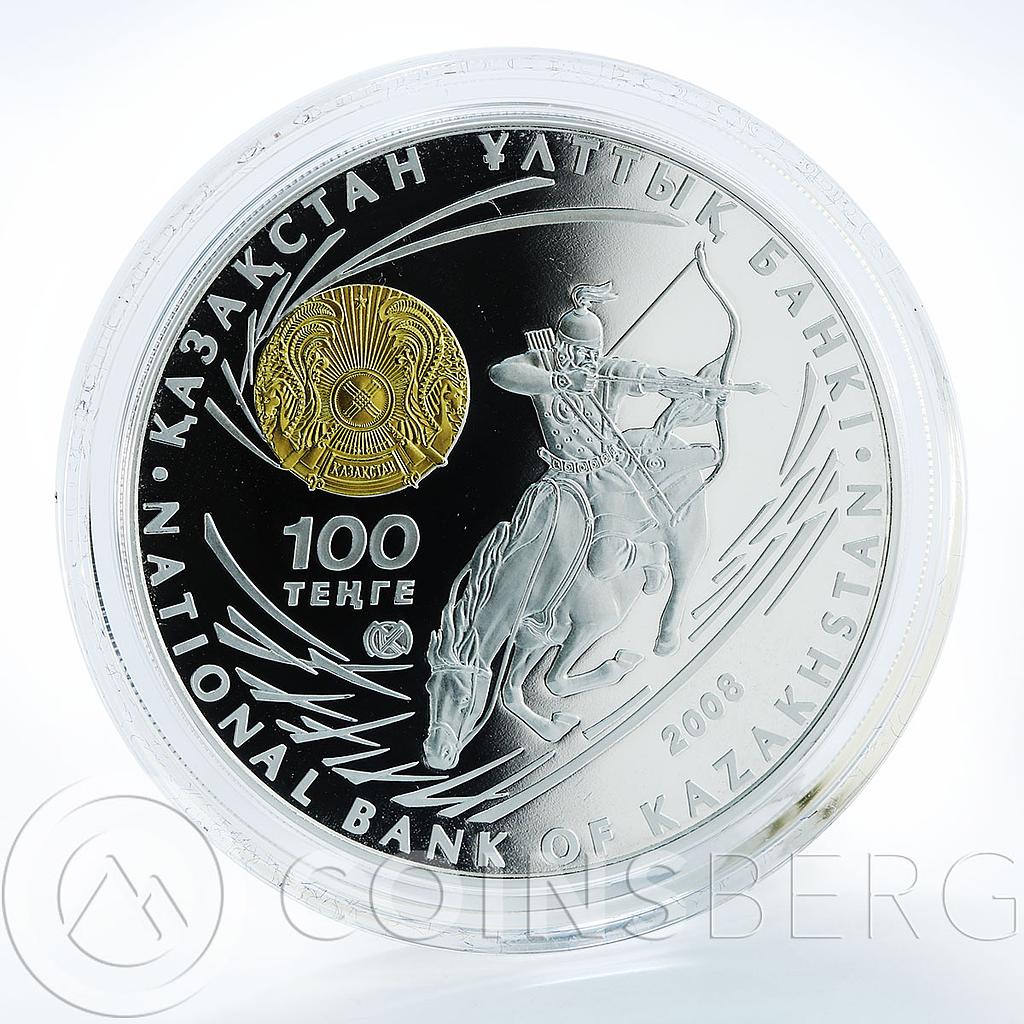 Kazakhstan 100 tеnge Great Commanders Chingiz Khan Horseman silver coin 2008