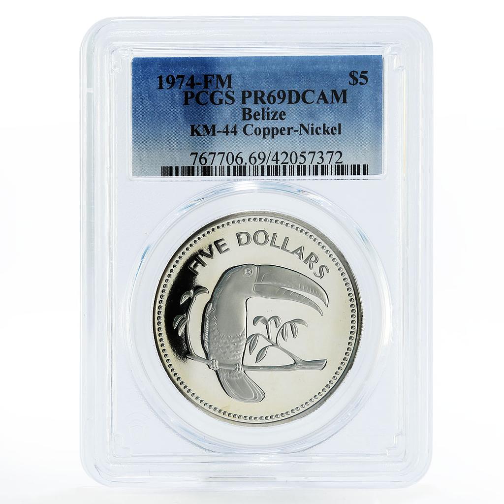 Belize 5 dollars Local Fauna series Toucan Bird PR69 PCGS proof CuNi coin 1974