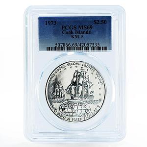 Cook Islands 2,5 dollars Cook's Second Voyage Ship MS69 PCGS silver coin 1973