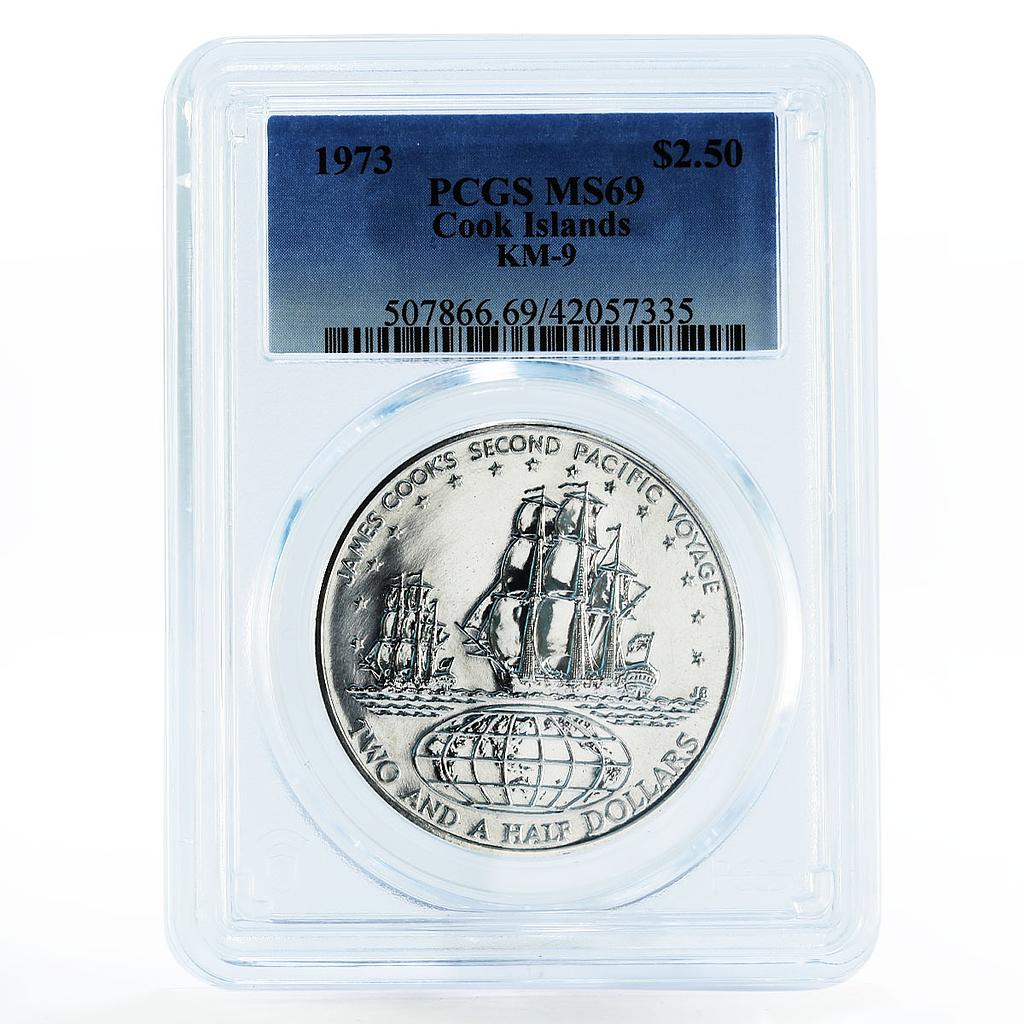 Cook Islands 2,5 dollars Cook's Second Voyage Ship MS69 PCGS silver coin 1973
