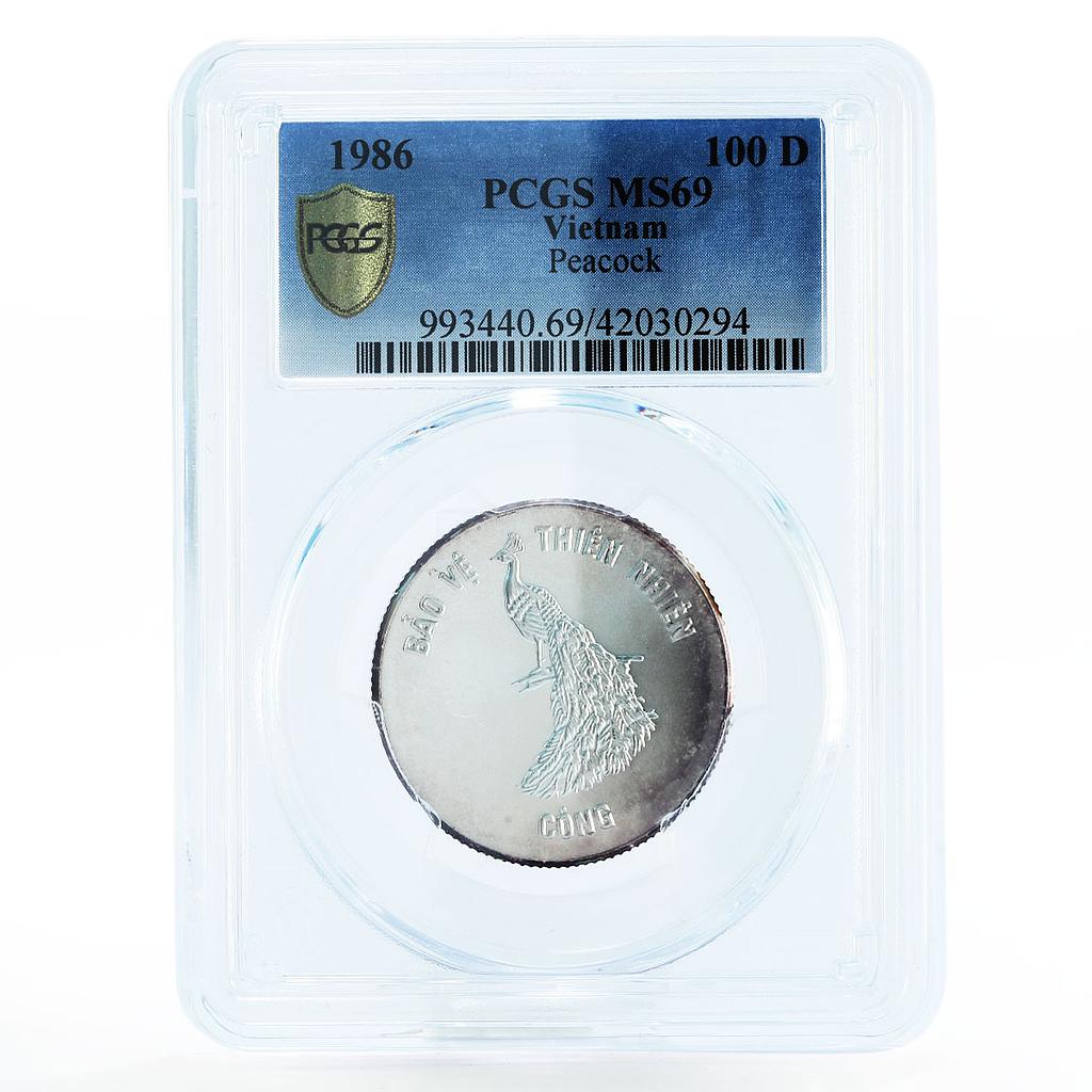 Vietnam 100 dong Protection Animals Peacock Paon MS69 PCGS silver coin 1986