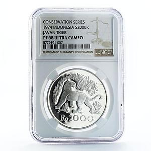 Indonesia 2000 rupiah Javan Tiger PF68 NGC proof silver coin 1974
