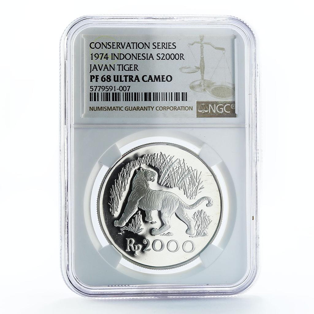 Indonesia 2000 rupiah Javan Tiger PF68 NGC proof silver coin 1974
