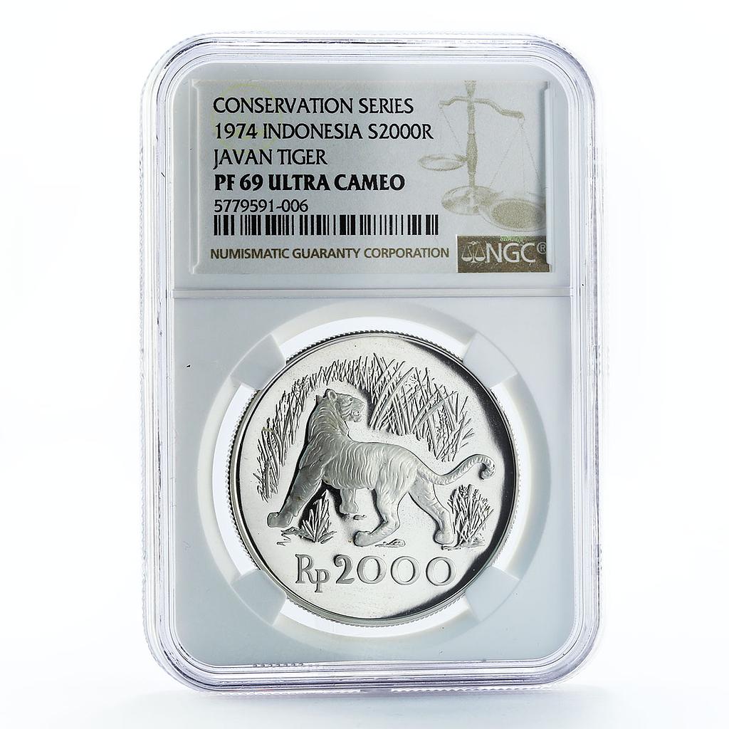 Indonesia 2000 rupiah Javan Tiger PF69 NGC proof silver coin 1974