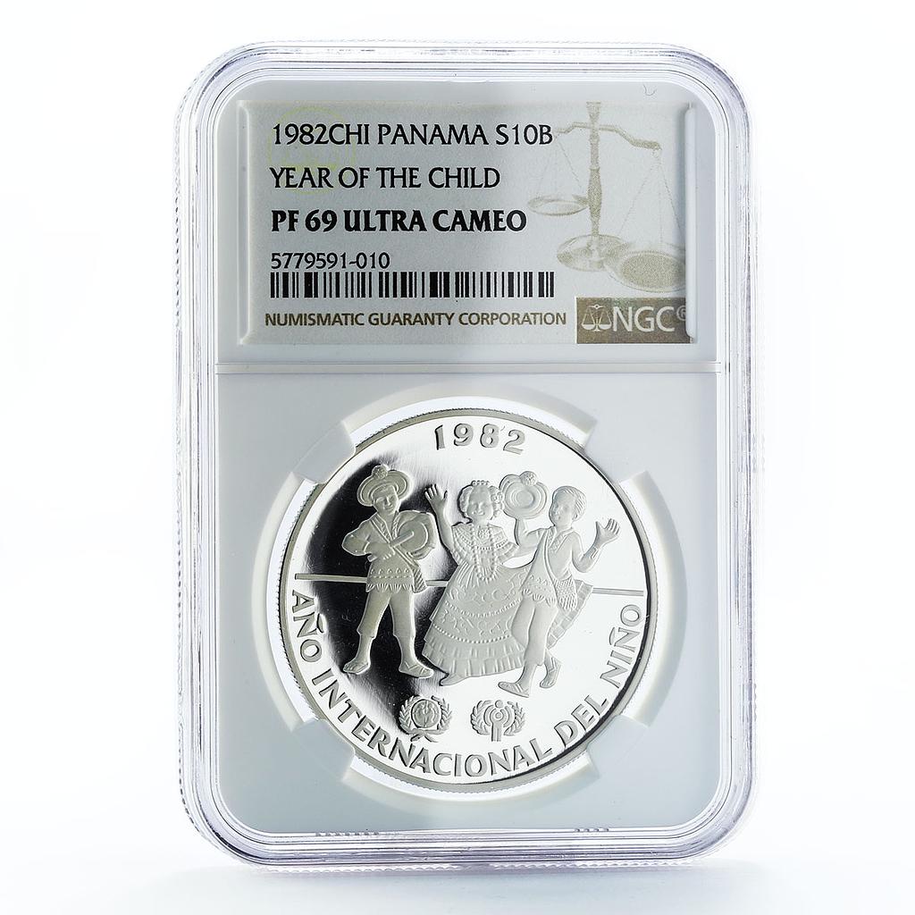 Panama 10 Balboas International Year of the Child PF69 NGC silver coin 1982