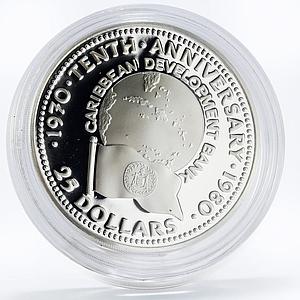 Belize 25 dollars 10th Anniversary of Caribbean Bank proof silver coin 1980
