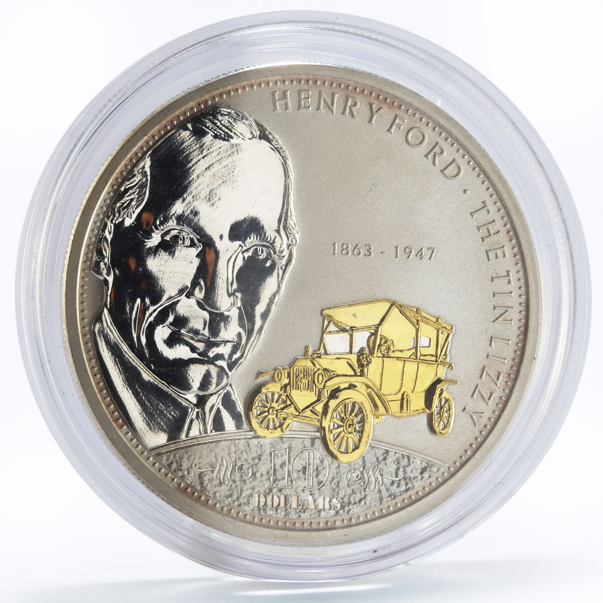 Cook Islands 10 dollars Henry Ford and The Tin Lizzy Car gilded silver coin 2008