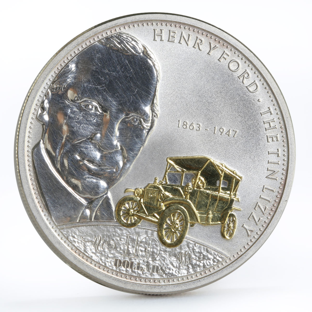 Cook Islands 10 dollars Henry Ford and The Tin Lizzy Car gilded silver coin 2008