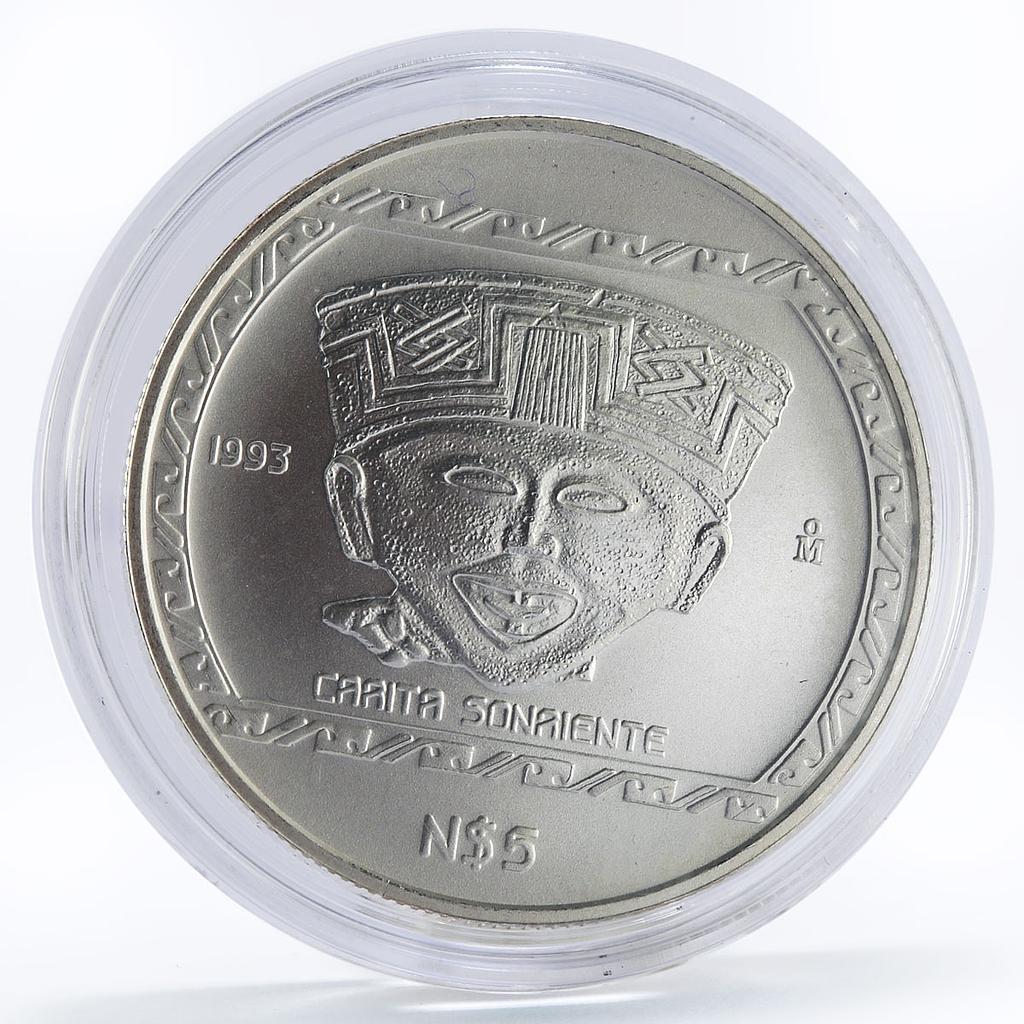 Mexico 5 pesos Precolombina series Sculpture Caaita Sonaiente silver coin 1993