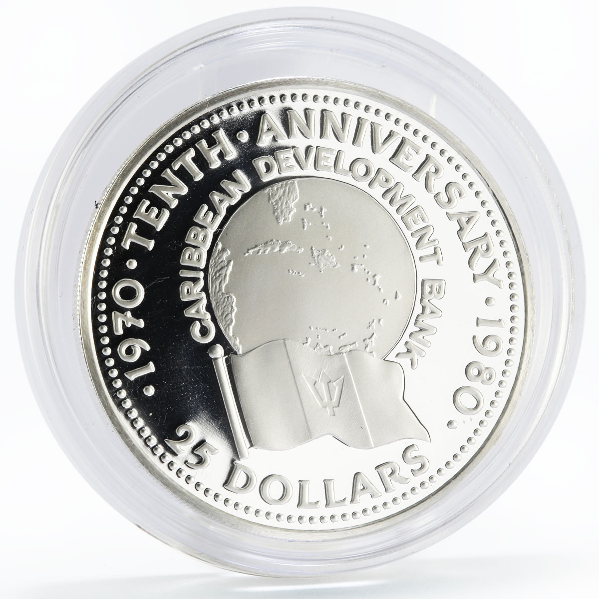 Barbados 25 dollars 10th Anniversary of Caribbean Bank proof silver coin 1980