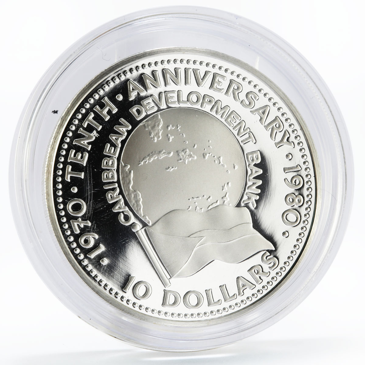 Bahamas 10 dollars 10th Anniversary of Caribbean Bank proof silver coin 1980