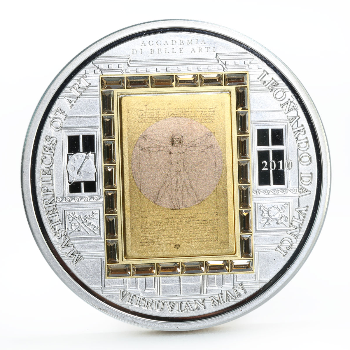 Cook Islands 20 dollars Da Vinci Art Vitruvian Man silver coin 2010
