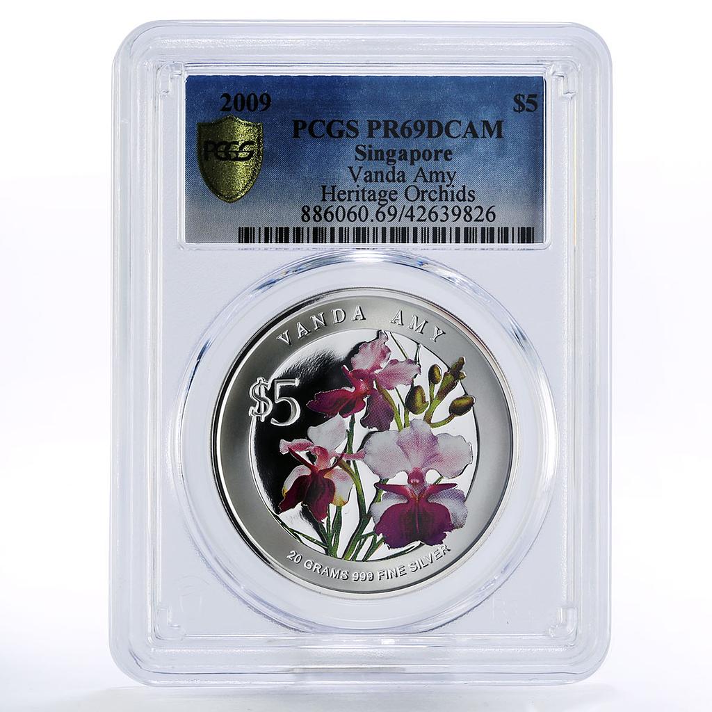 Singapore 5 dollars Flowers Vanda Amy PR69 PCGS colored proof silver coin 2009