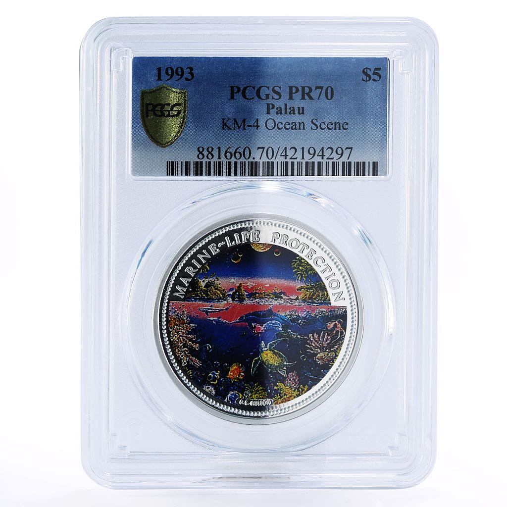 Palau 5 dollars Marine Life Fish Ocean Scene PR70 PCGS silver coin 1993