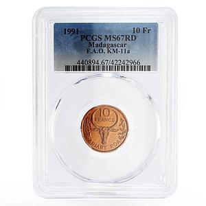 Madagascar 10 francs FAO series Bull MS67 PCGS copper coin 1991