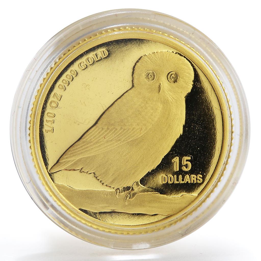 Tuvalu 15 dollar Australian Owl Wildlife Bird gold coin 1/10 oz 2007