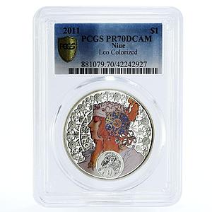 Niue 1 dollar Alphonse Mucha Zodiac Series Leo PR70 PCGS color silver coin 2011