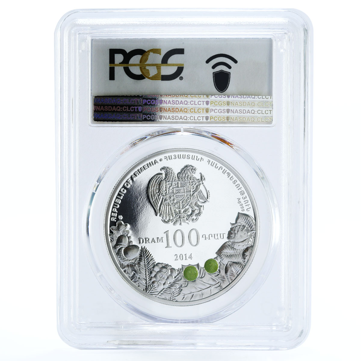 Armenia 100 dram Skhtorashen Platanus PR70 PCGS colored silver coin 2014