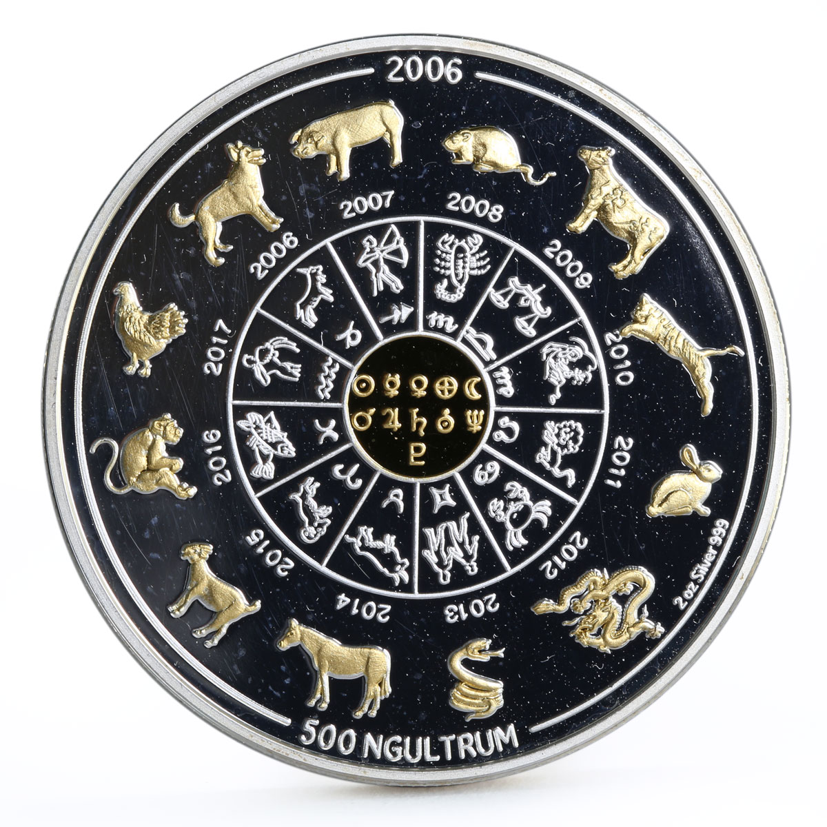 Bhutan 500 ngultrums Sings of the Zodiac proof gilded silver coin 2006