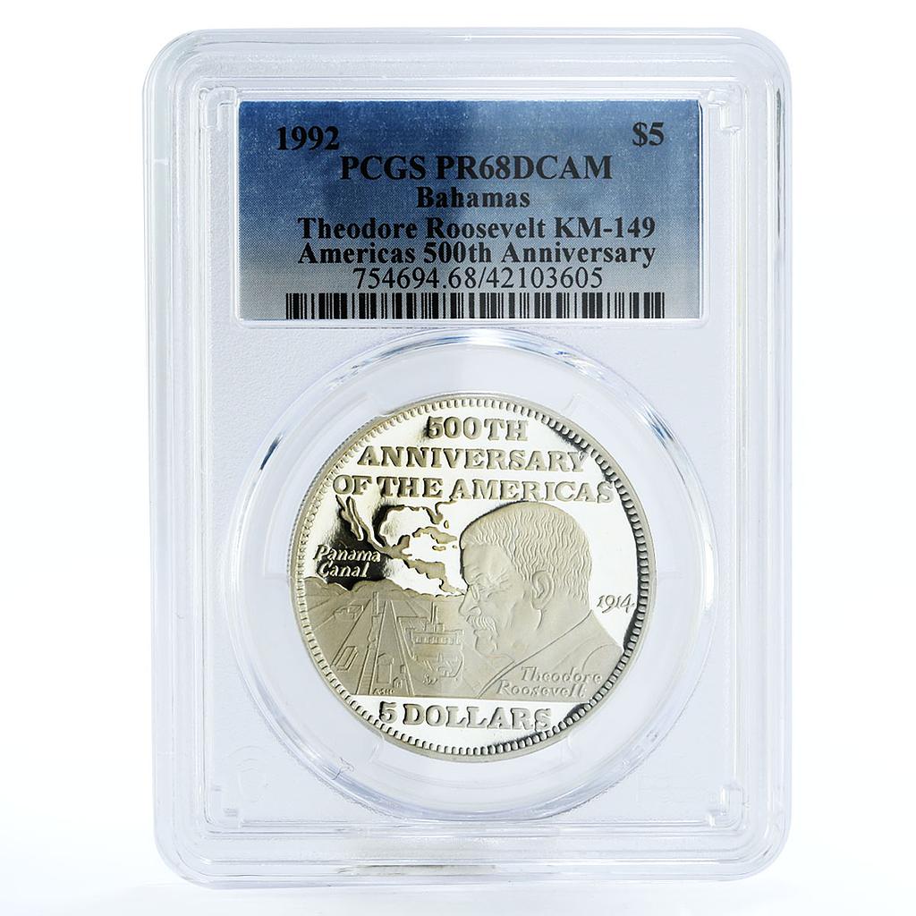 Bahamas 5 dollars 500 Years of America Roosevelt PR68 PCGS silver coin 1992