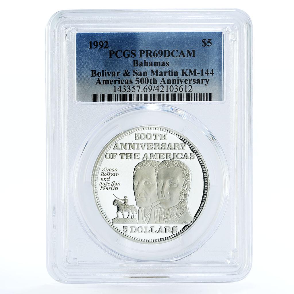Bahamas 5 dollars Simon Bolivar and Jose San Martin PR69 PCGS silver coin 1992