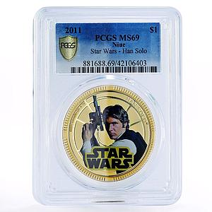 Niue 1 dollar Star Wars series Han Solo MS69 PCGS gilded copper coin 2011