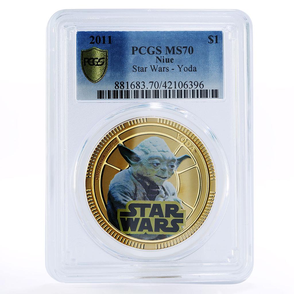 Niue 1 dollar Star Wars series Master Yoda MS70 PCGS gilded copper coin 2011