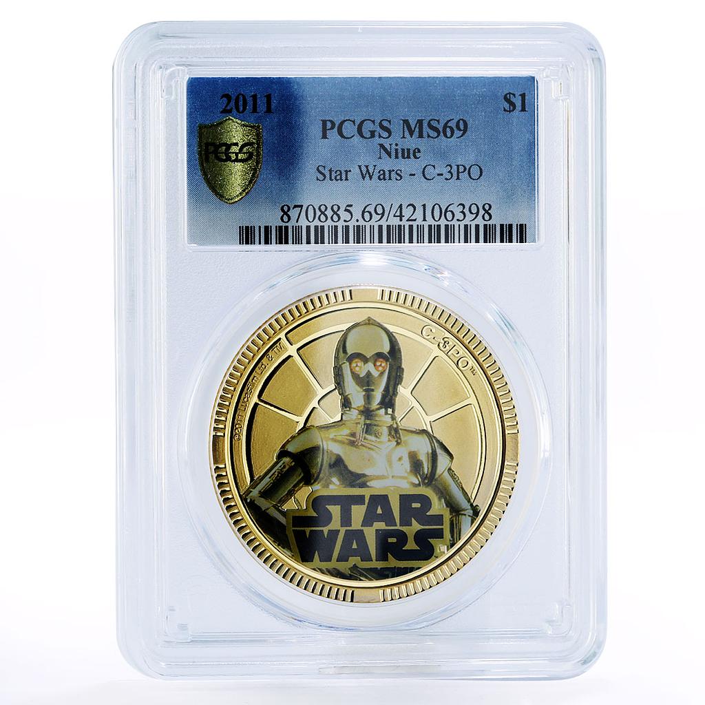 Niue 1 dollar Star Wars series C-3PO MS69 PCGS gilded copper coin 2011