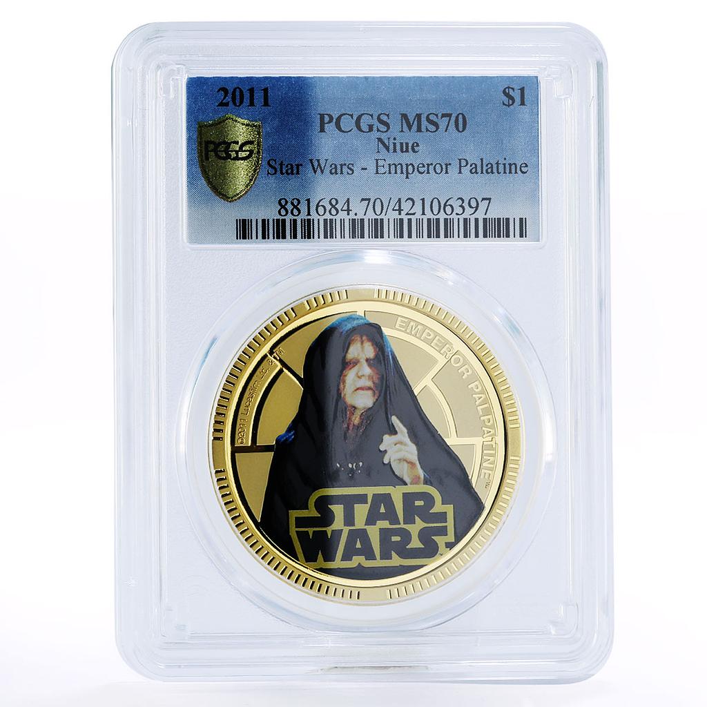 Niue 1 dollar Star Wars series Palpatine MS70 PCGS gilded copper coin 2011