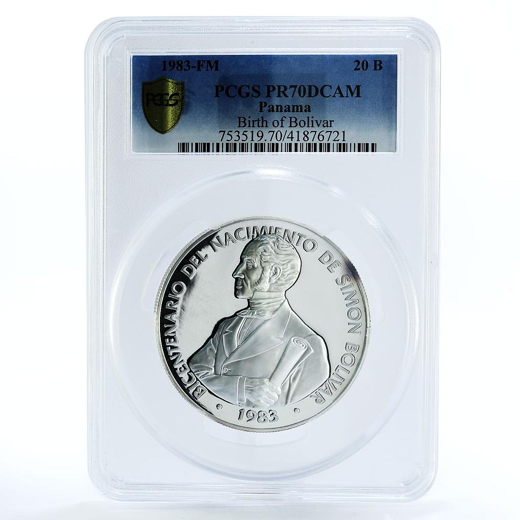 Panama 20 balboas Birth of Simon Bolivar PR70 PCGS silver coin 1983