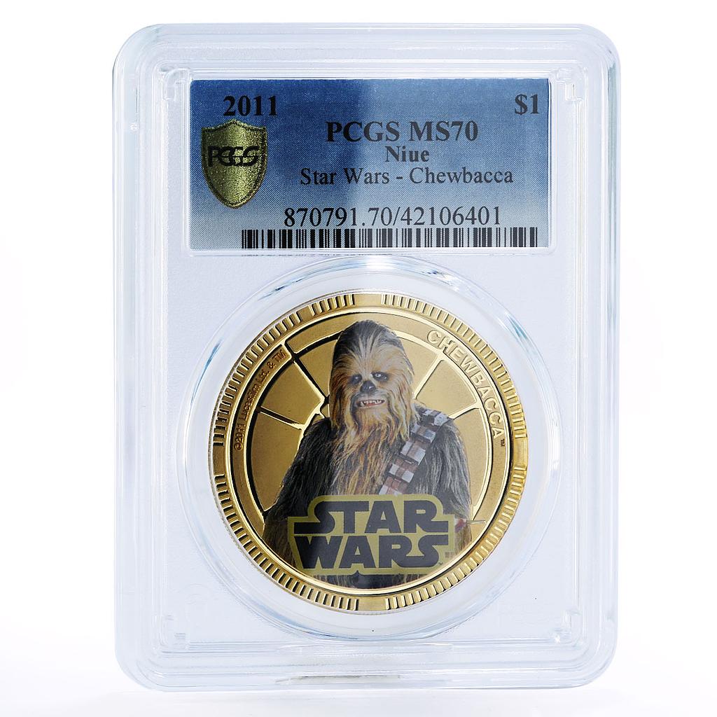 Niue 1 dollar Star Wars series Chewbacca MS70 PCGS gilded copper coin 2011