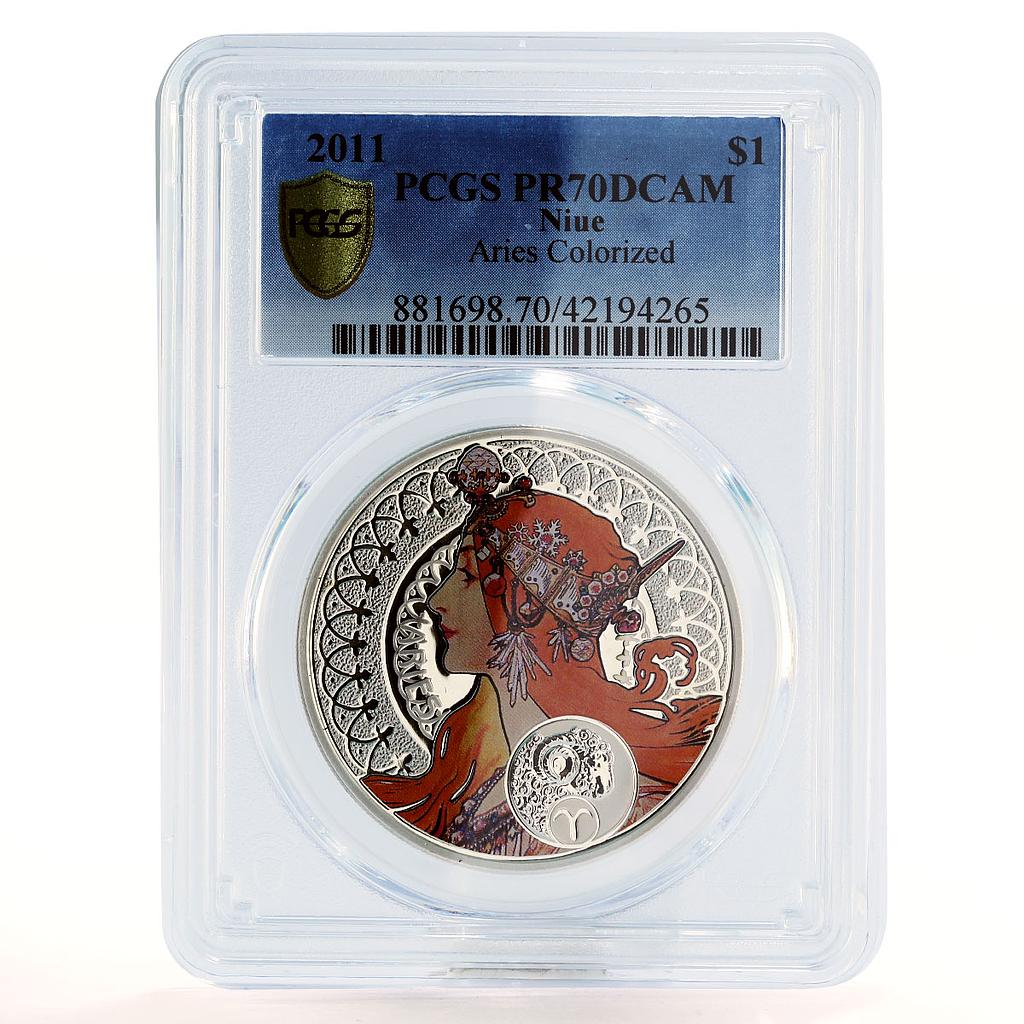 Niue 1 dollar Mucha Zodiac Signs series Aries PR70 PCGS silver coin 2011